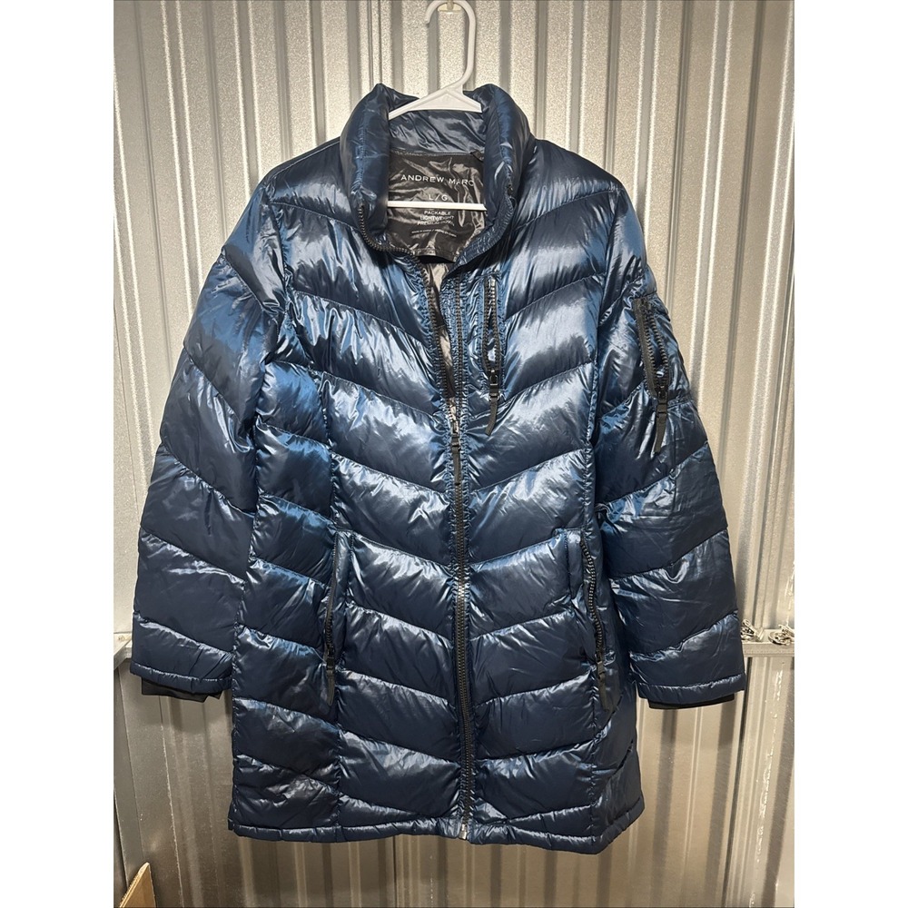 Andrew Marc Packable Lightweight Premium Down Puffer Jacket Blue Women Sz L